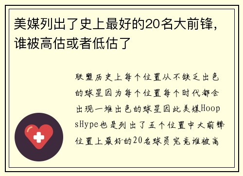 美媒列出了史上最好的20名大前锋，谁被高估或者低估了