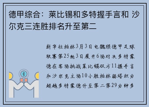 德甲综合：莱比锡和多特握手言和 沙尔克三连胜排名升至第二